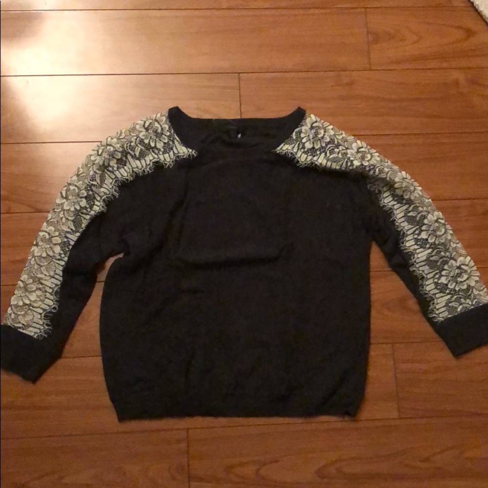 J crew grey sweater with sheer lace sleeve detail